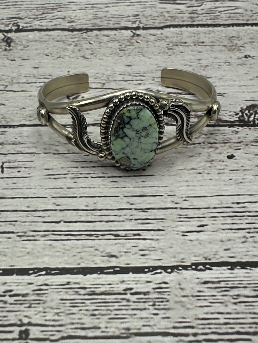 Silver Cuff Bracelet with Light Green Turquoise Stone